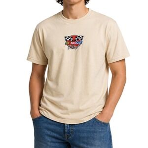 NASCAR Racing Embroidered Logo T-Shirt Mens Small Cream Tan‎ Short Sleeve Tee